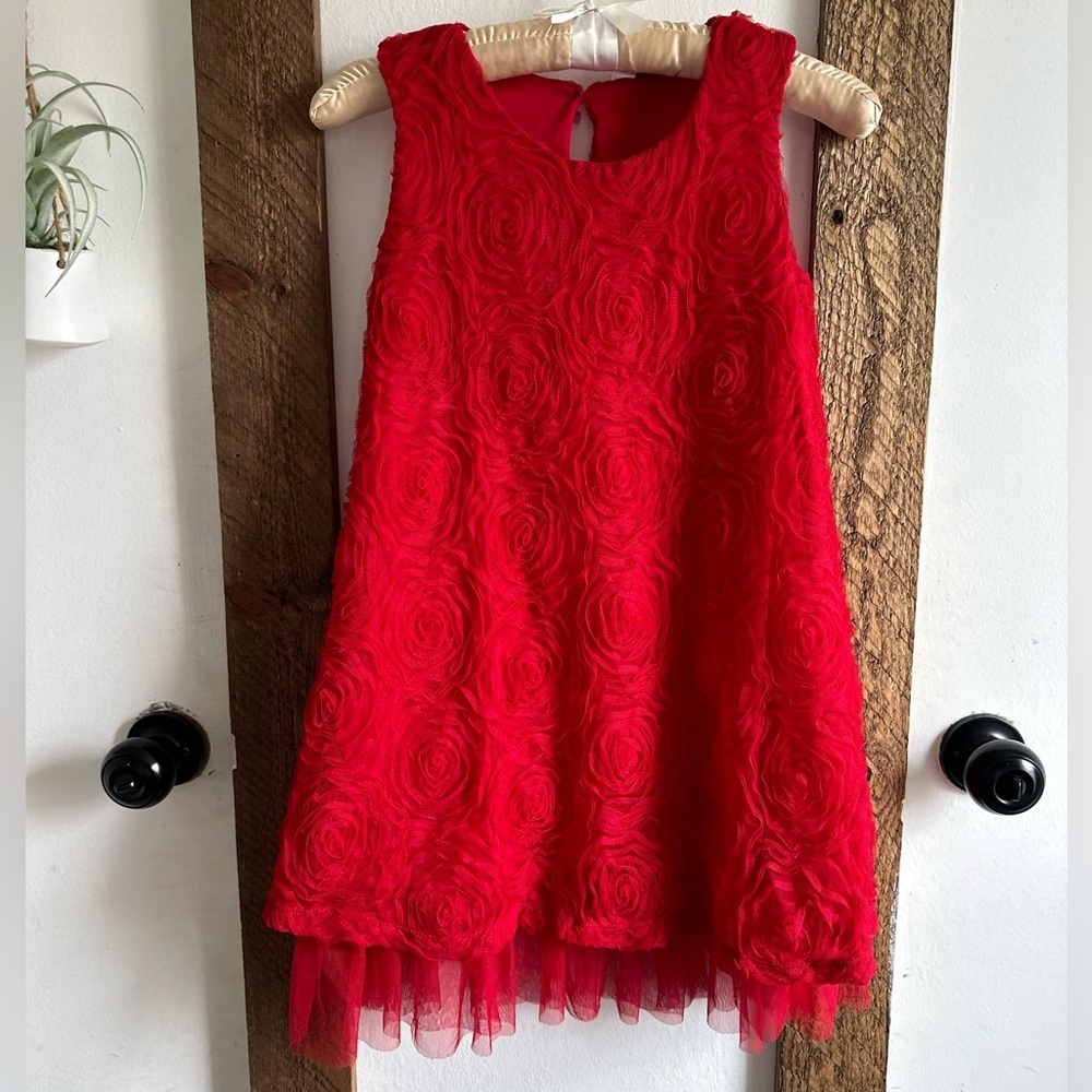 KnitWorks LOS Angeles Boutique Girls Red Rose Lace Silk Layered Dress